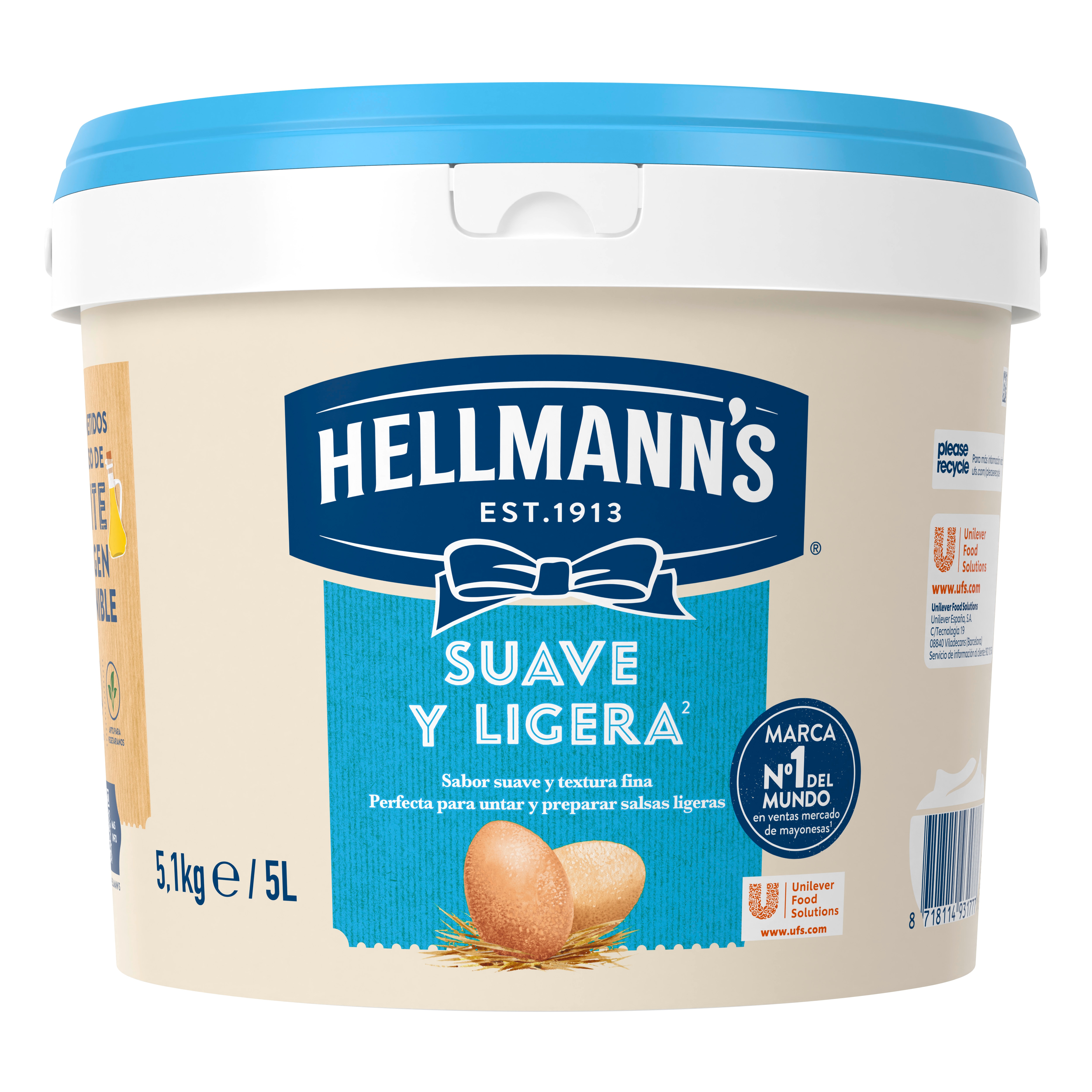 Hellmann’s Suave y Ligera cubo 5L - Hellmann’s Suave y Ligera, perfecta para un untado fácil y mezclas más equilibradas.
